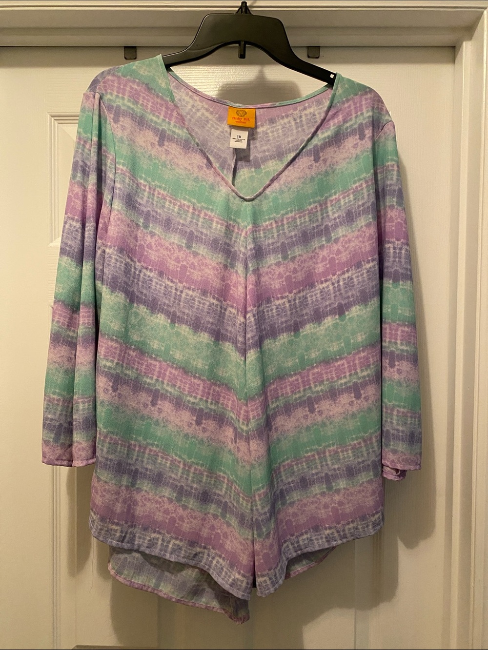 Ruby Rd. Striped V-Neck Blouse in Lavender & Mint